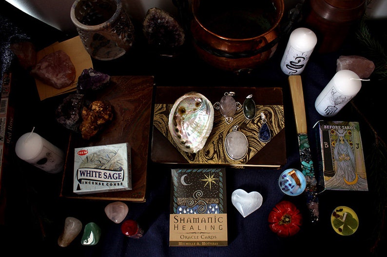 Mystery witch kit mystery witch box hangings, tarot, crystals, jewelry, spell jar, offering bowls, pendulum, plants, incense, stones... image 1