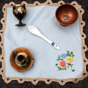 Vintage travel altar 1960s 5 mini items cauldron chalice candle holder herb spoon incense altar cloth brass ceramic witch box