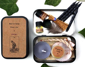 Travel altar for courage and strength, 13 items, mini witch kit, witch box in a small box, voodoo hoodoo santeria wicca ritual for beginners