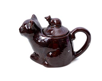 Bule de cerâmica vintage dos anos 1980 em formato de gato e gatinho - armário de curiosidades - antiguidades francesas - bebidas rituais - cálice - altar - wicca