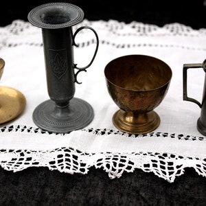 Vintage travel altar 1960s 5 mini items cauldron ewer censer candle holder copper tinplate brass altar cloth ceramic witch box
