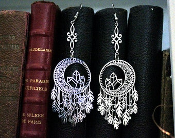 Long positively charged dream catcher moon crystal earrings, brass and aluminum, star, witch, vintage, Native American