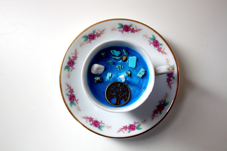 Bougie d'intention Sommeil et Apaisement - Bougie Bleue Tasse Pierres Contenant Recyclé Autel Porcel