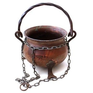 Kessel 155 – gehämmertes Kupfer-Schmiedeeisen – Vintage Französisch 1960 – Antiquitäten – Kuriositätenkabinett – Altar – Hexe – Topf – Wicca