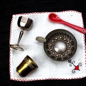 Vintage 1960s Travel Altar, 5 Mini Items, Chalice Offering Bowl Ewer or Candle Holder Altar Cloth, Tinplate Brass Copper Witch Box
