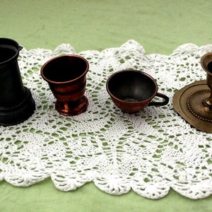 Vintage travel altar from the 1960s 5 mini items, brass chalice, offering bowl, brass candle holder, altar cloth, tin ewer, witch box