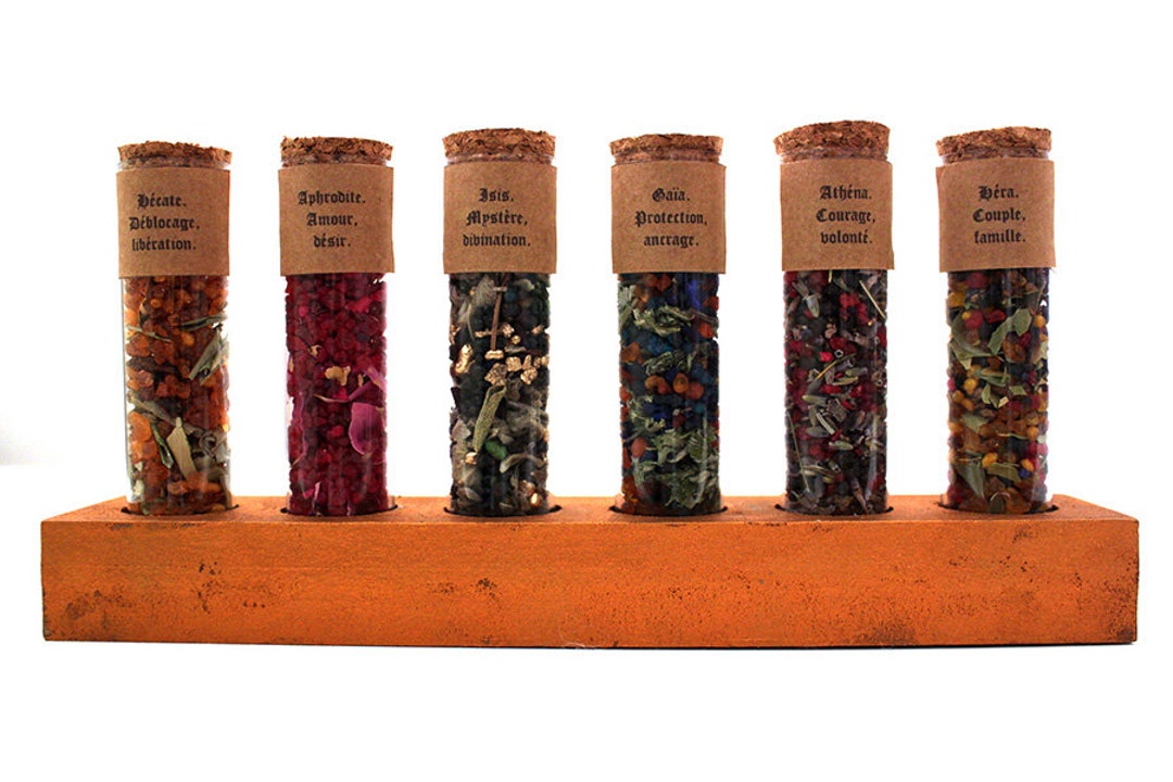 Set of Incense of Goddesses, Resins and Plants in Test Tubes With