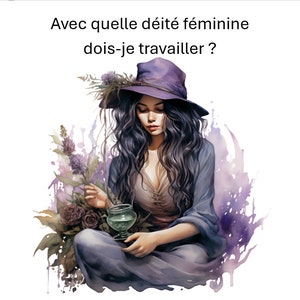 Pode incluir: Uma mulher usando um chapéu roxo e um vestido longo azul segura uma pequena taça de vidro com um líquido verde. Ela está cercada por flores roxas e vegetação.