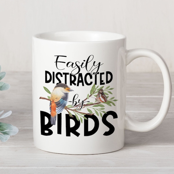 Bird Watcher Gift, Easily Distracted By Birds Mug for Bird Watching Bird Nerd, Cute Funny Coffee Mugs with Birds, Birder Birthday Gifts