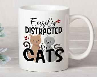 Funny Cat Lover Gift Women, Easily Distracted By Cat Coffee Mug for Cat Mom, Cute Cat Dad Gifts, Cat Themed Gifts