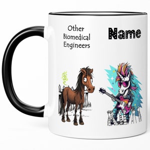 May include: White ceramic mug with a black rim and handle. The mug features a cartoon illustration of a unicorn playing a guitar with a crowd of hands cheering. The text "Other Biomedical Engineers" and "Name" are printed on the mug.
