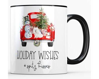 Japanese Spitz Gifts for Dog Mom, Christmas Dog Mug, Holiday Wishes and Spitz Kisses Mug for Pet Owner, Dog Lover Gift