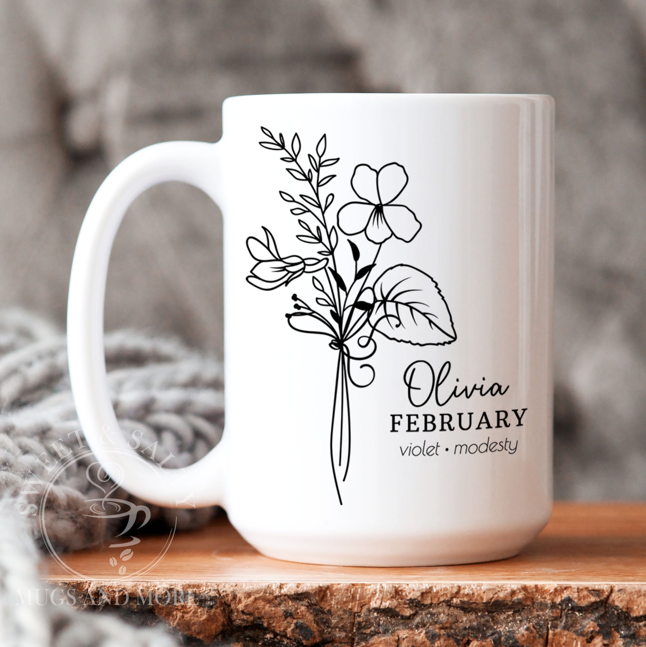February Birthday Gift, Personalized Birth Flower Mug for Her Minimalist  Floral Mug for Aquarius or Pisces Born in February Bday Violet 