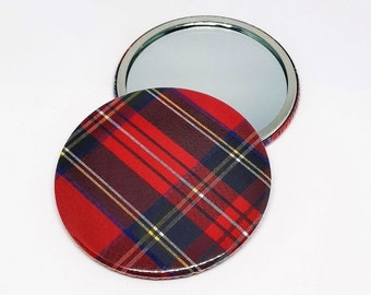 Miroir de poche tartan rouge 58 mm, miroir à main en tissu Tartan Royal Stewart rouge, miroir de maquillage d'embrayage de voyage compact rouge, cadeau écossais,