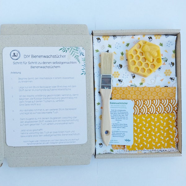 DIY beeswax cloths - set of 4 box to make yourself - yellow bee patterns