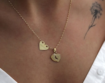 Footprint Necklace Goldplated, Sterling Silver Baby Feet Pendant, New Baby Gift, New Mother Jewellery, Grandmother Mom Gift, Engraved Heart