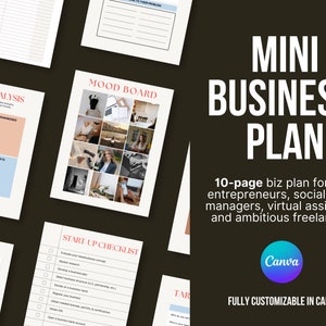 May include: A 10-page business plan template designed for entrepreneurs, social media managers, virtual assistants, and freelancers. The template is fully customizable in Canva and includes sections for SWOT analysis, mood board, start-up checklist, and business goals.