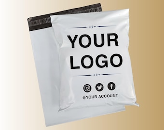 May include: White poly mailer with black trim and the words "YOUR LOGO" in bold black letters. Below the text are social media icons for Instagram, Twitter, and Facebook, with the text "@YOUR ACCOUNT".