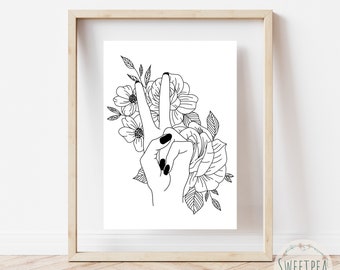 Peace & Flowers • A4 Wall Art Print • Unframed • Minimal Illustration • Floral print • Home Decor • Black and White Wall Art Print