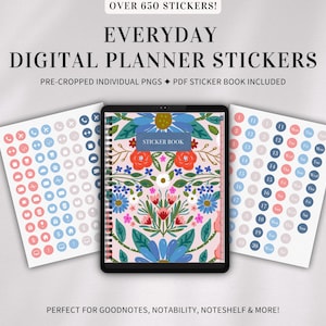 Paquete de pegatinas digitales para todos los días: pegatinas PNG precortadas para Goodnotes y iPad, pegatinas individuales y pegatinas estéticas para agendas digitales.