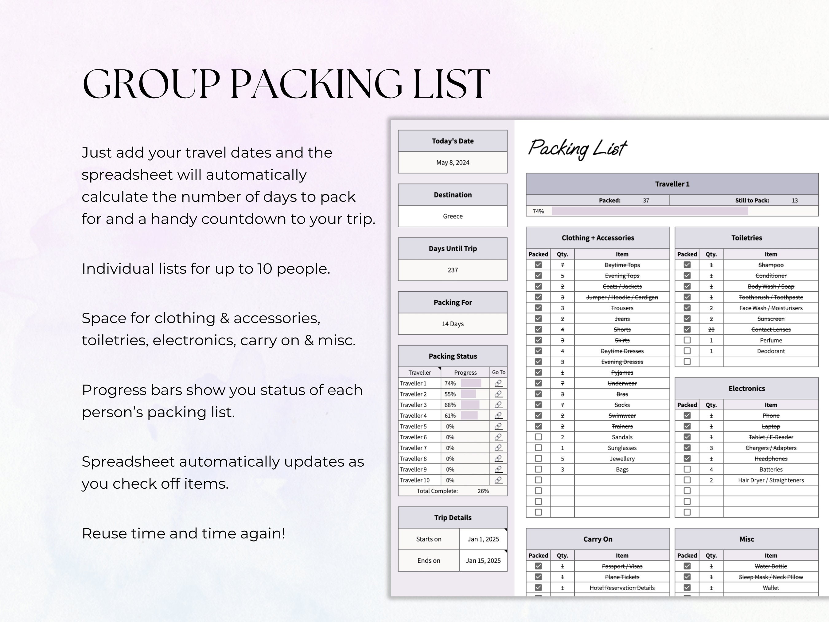 Editable Packing Checklist for Google Sheets, Travel Packing List ...