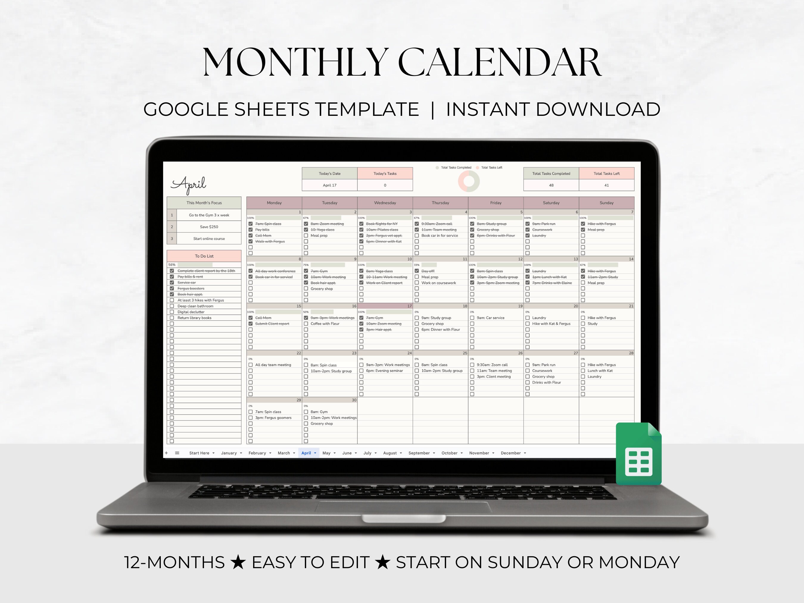 Monthly Calendar Spreadsheet Template Google Sheets, Daily Calendar ...