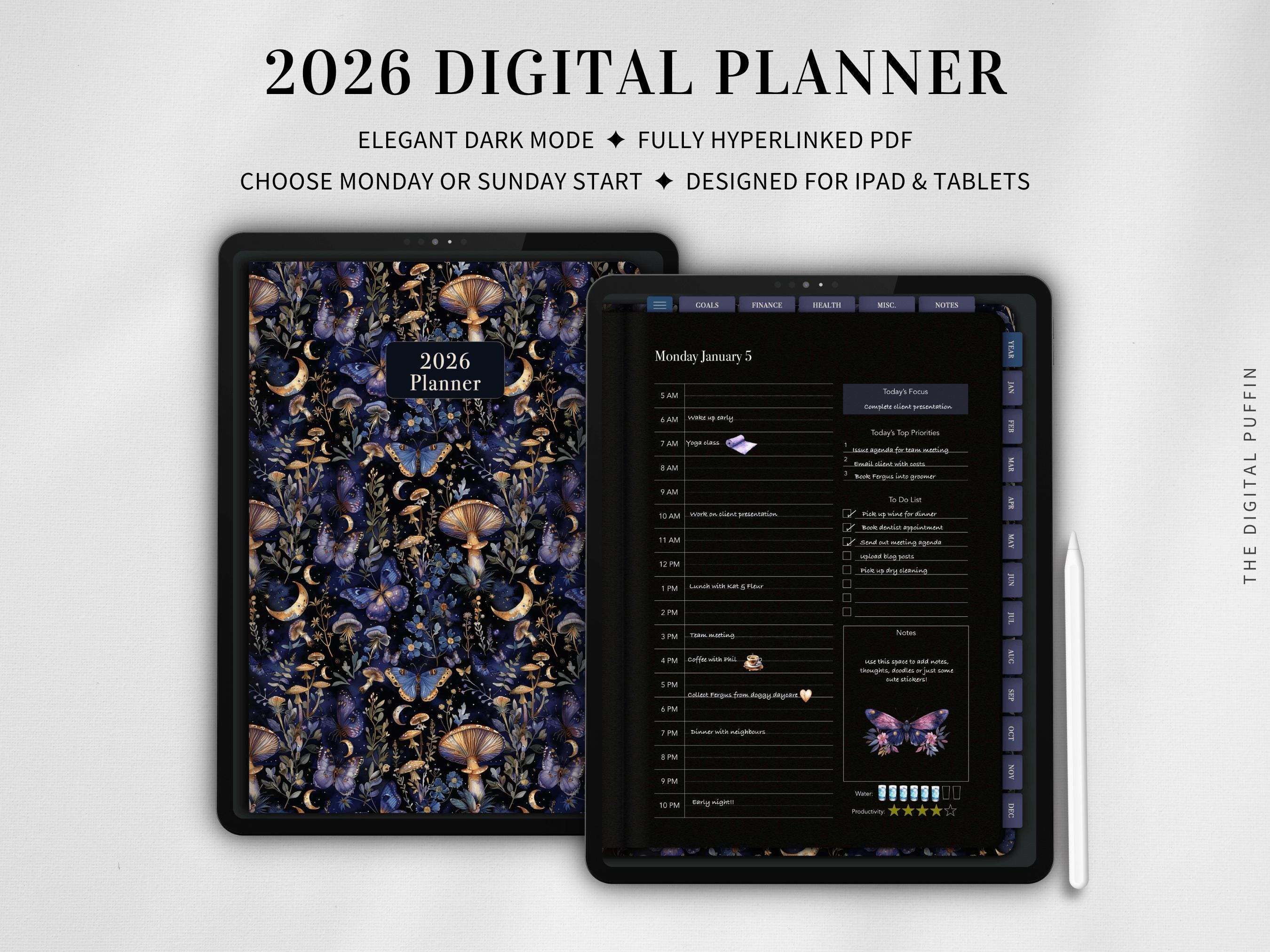 2026 Dark Mode Digital Planner Goodnotes, Dated Portrait Planner for ...