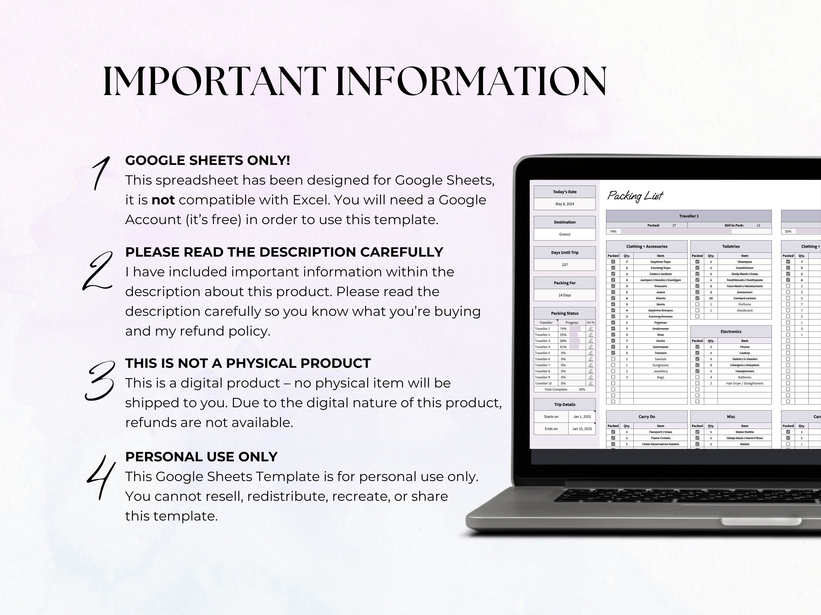 Editable Packing Checklist for Google Sheets, Travel Packing List ...
