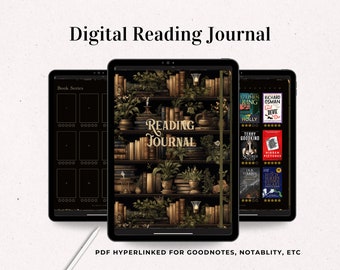 Diario de lectura digital en modo oscuro, rastreador de libros y series, diario de libros digitales, desafíos de lectura, registro de libros, Academia oscura