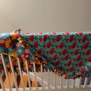 BRIGHT Flamingoes and Flowers! Hand tied fleece blanket 64”x48”