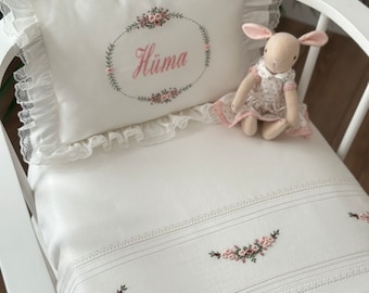 Dusty Rose Personalized 4 Piece Baby Quilted Bedspread Set | Handmade Embroidery | Cot bedding | Baby Bedding | Crib Bedding | Duvet Cover