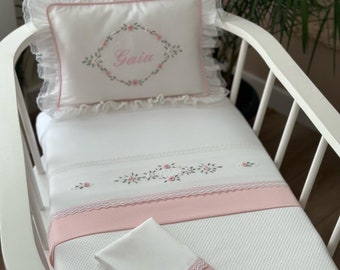 Lily Pink Personalized 4 Piece Baby Quilted Bedspread Set | Hand Embroided | Cot bedding | Baby Bedding | Monogrammed Crib Bedding