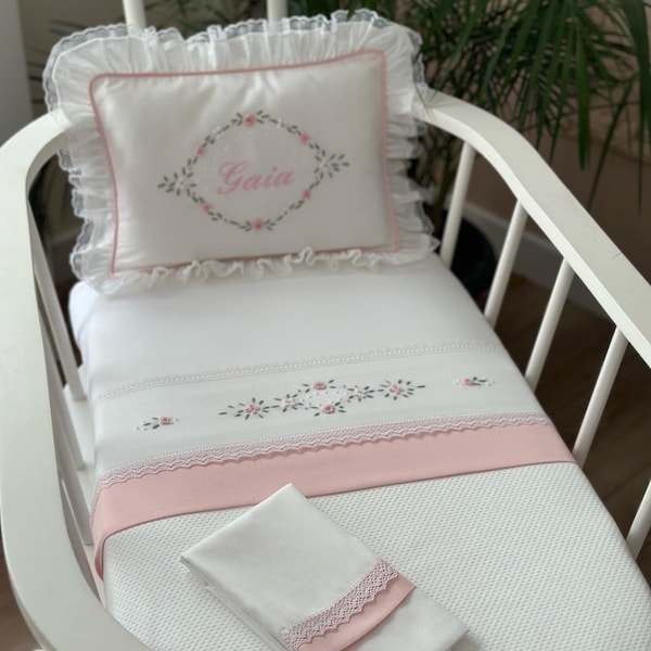 Lily Pink Personalized 4 Piece Baby Quilted Bedspread Set | Hand Embroided | Cot bedding | Baby Bedding | Monogrammed Crib Bedding
