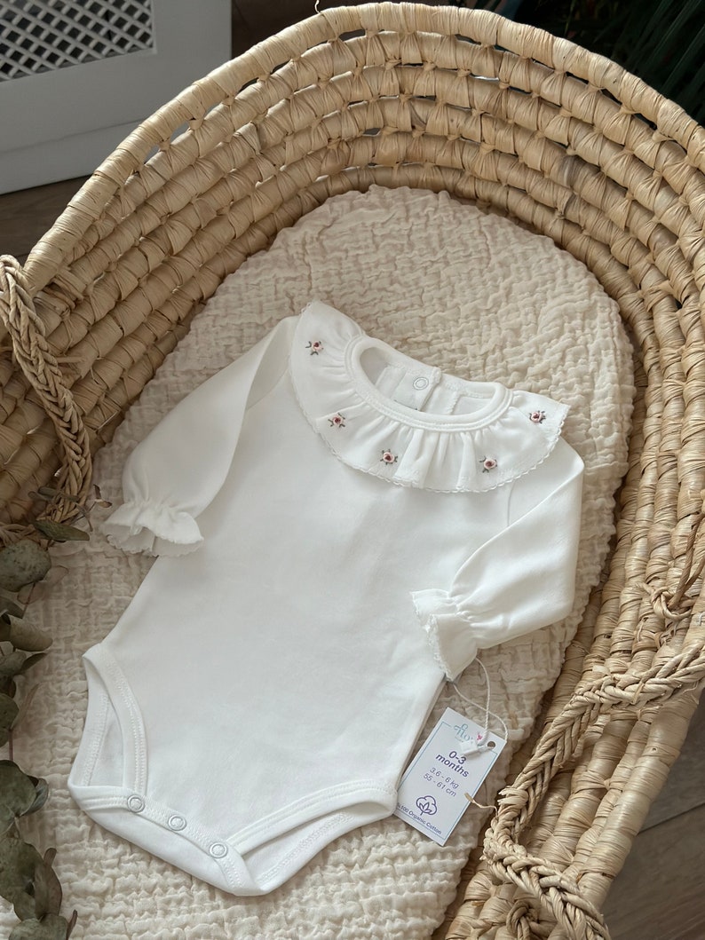 Dusty Rose Organic Long Sleeve Bodysuit, Handmade Embroidery, Baby Girl Bodysuit With Ruffle