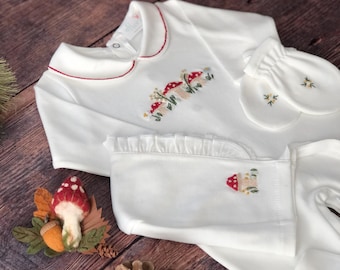 Christmas Baby Romper Set: Mushroom Embroidered Holiday Outfit
