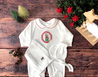 Embroidered Reindeer Christmas Baby Outfit: 3-Piece Onesie Set