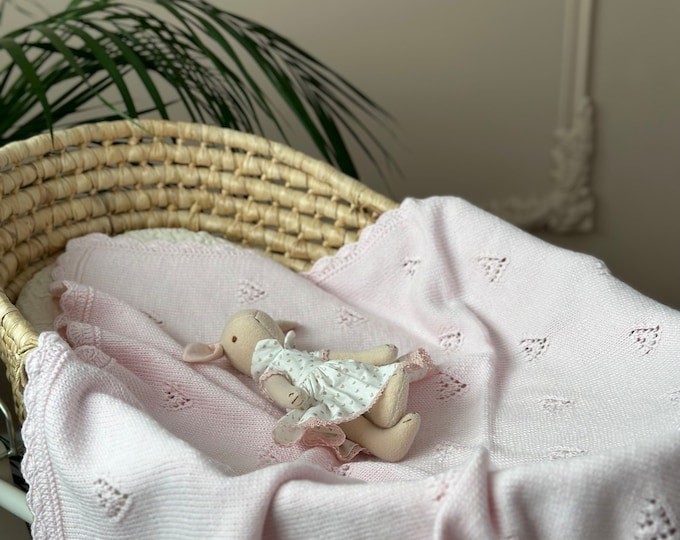 Baby Pink Hand Knitted Baby Blanket | Organic Cotton Blanket | 100 % Organic Cotton Baby Blanket | Baby Shower Gift |  Stroller Blanket