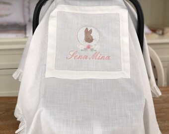 Personalized Linen Car Seat Cover | Peter Rabbit Embroidery, Peek-a-Boo Window