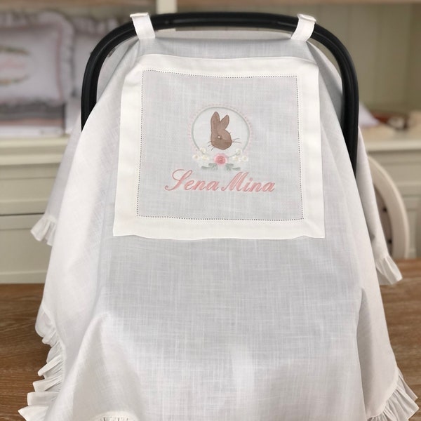Petter Rabbit Car Seat Cover | Personalized Stroller Cover | Car Seat Canopy with Peek-a-Boo Window | New Baby Gift | %100 Cotton Linen