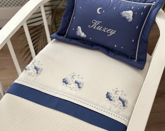 Twinkle Personalized Navy Blue 4 Piece Baby Quilted Bedspread Set | Hand Embroided | Crib Bedding Set | Baby Bedding | Gender Neutral Room