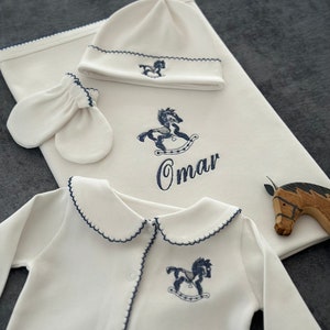 Carousel Horse Navy Blue 4 Piece Newborn Set | Organic GOTS Certified Fabric | Monogrammed Onesies | Baby Coming Home Outfit | Baby Boy Gift