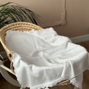 White Hand Knitted Baby Blanket | Stroller Blanket | 100 % Organic Cotton Baby Blanket | Baby Shower Gift | Unisex Blanket
