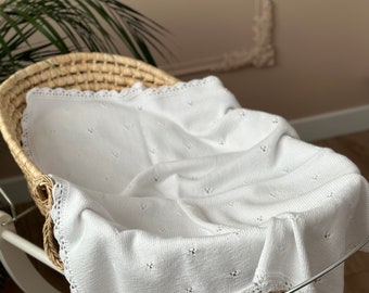 Handmade Organic Cotton Knit Baby Blanket - White Stroller Blanket