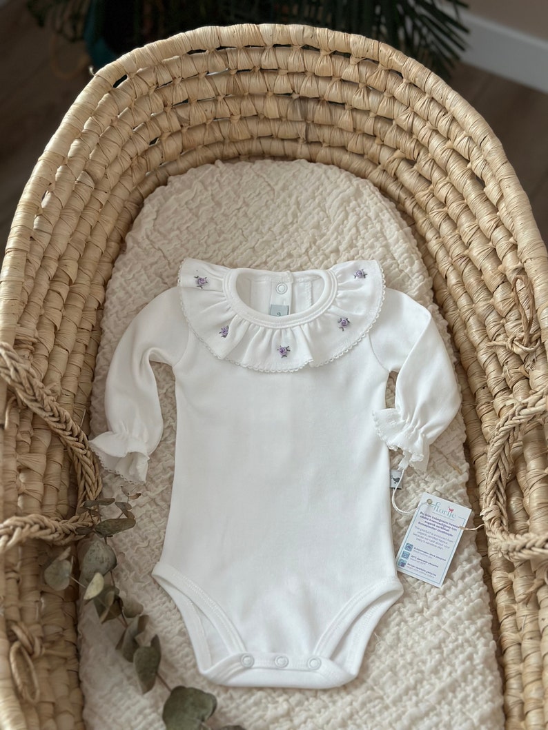 Purple Organic Long Sleeve Bodysuit, Handmade Embroidery, Baby Girl Bodysuit With Ruffle, Baby