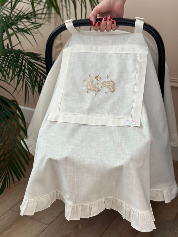 Linen Stroller Cover: Moon & Star Embroidery, Mosquito Net Window