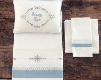 Lily Blue Personalized 4 Piece Baby Quilted Bedspread Set | Hand Embroided | Cot bedding | Baby Bedding | Crib Bedding | BabyBoy Duvet Cover