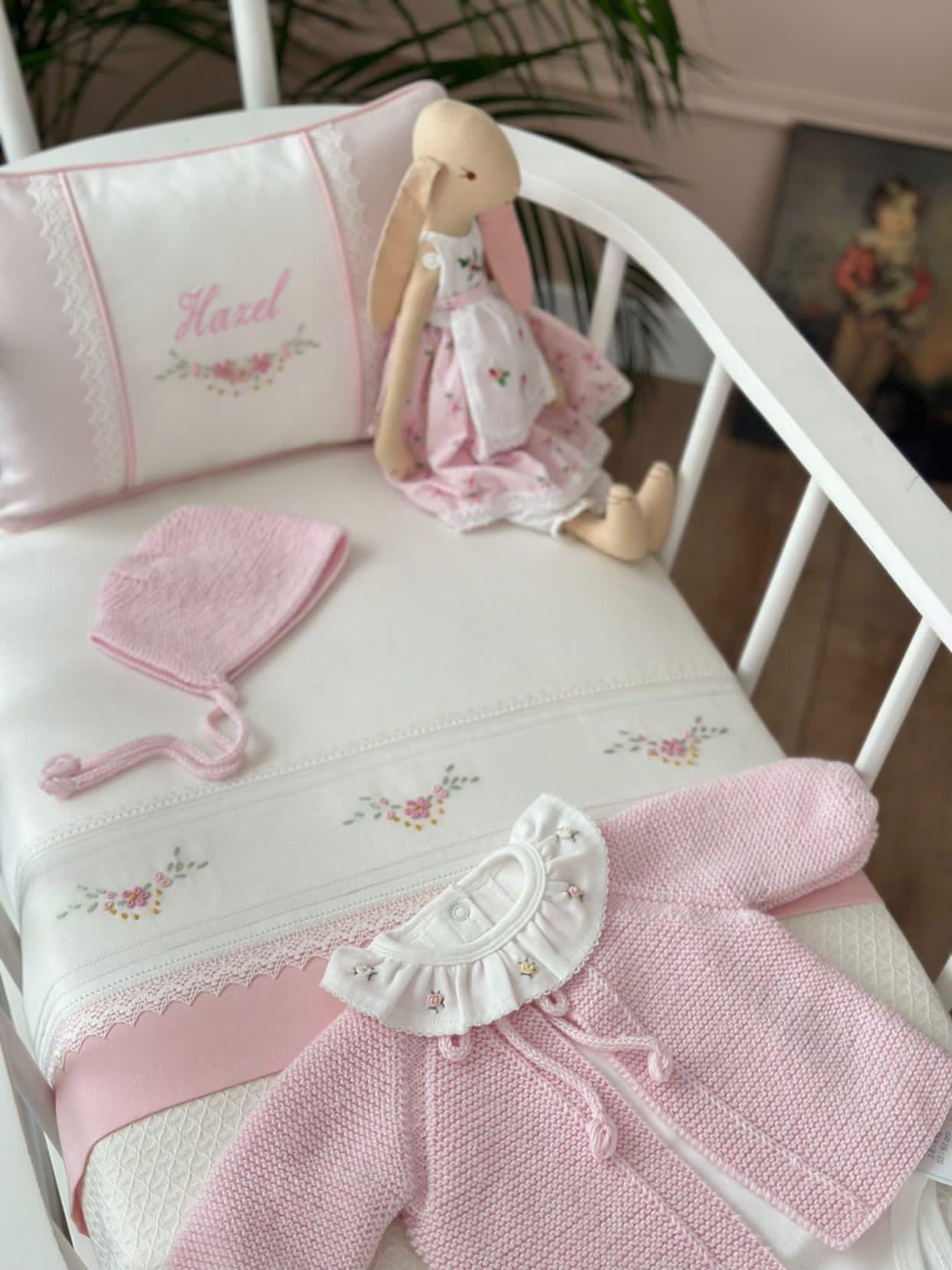 Personalized Baby Bedspread Set | Hand Embroidered Daisy Pink Coverlet