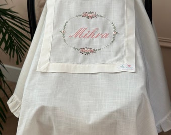 Dusty Rose Car Seat Cover | Handmade Embroidery Personalized Stroller Cover | Car Seat Canopy with Peek-a-Boo Window | New Baby Gift | Linen