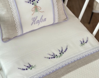 Lavander Personalized 4 Piece Baby Quilted Bedspread Set | Hand Embroided | Cot bedding | Baby Bedding | Crib Bedding | Duvet Cover