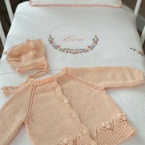 Flower Hand Knitted Baby Cardigan and Bonnet Set | Organic Cotton Baby Jacket | Cute Baby Bonnet | Baby Girl Cardigan Set | Baby Gift